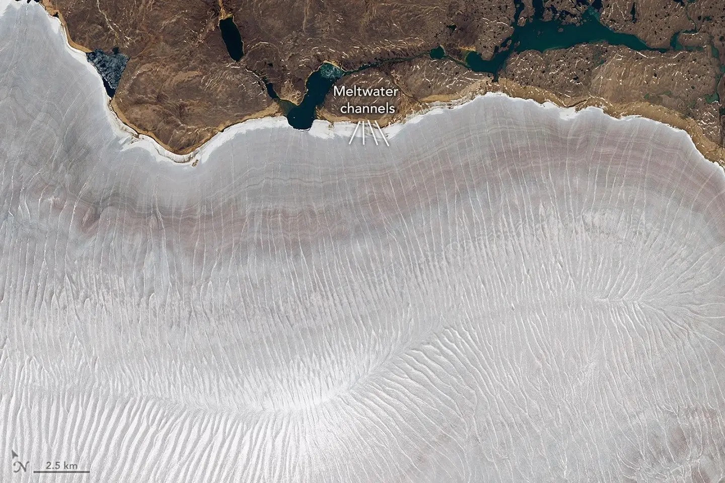 Una vista detallada del lado noreste del casquete de hielo muestra una red de canales de agua de deshielo que cruzan el hielo, muchos alcanzan su borde. Varios lagos terrestres se