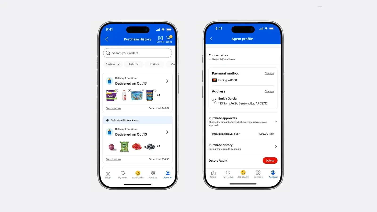 Dos teléfonos inteligentes muestran una interfaz de la aplicación de compras que muestra el historial de compras y una pantalla de perfil de agente. El teléfono de la izquierda muestra