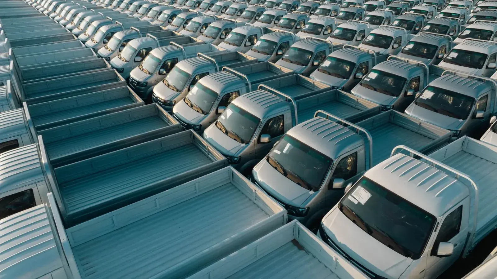 Toma aérea de varias camionetas plateadas alineadas en filas, mostrando simetría y producción industrial.