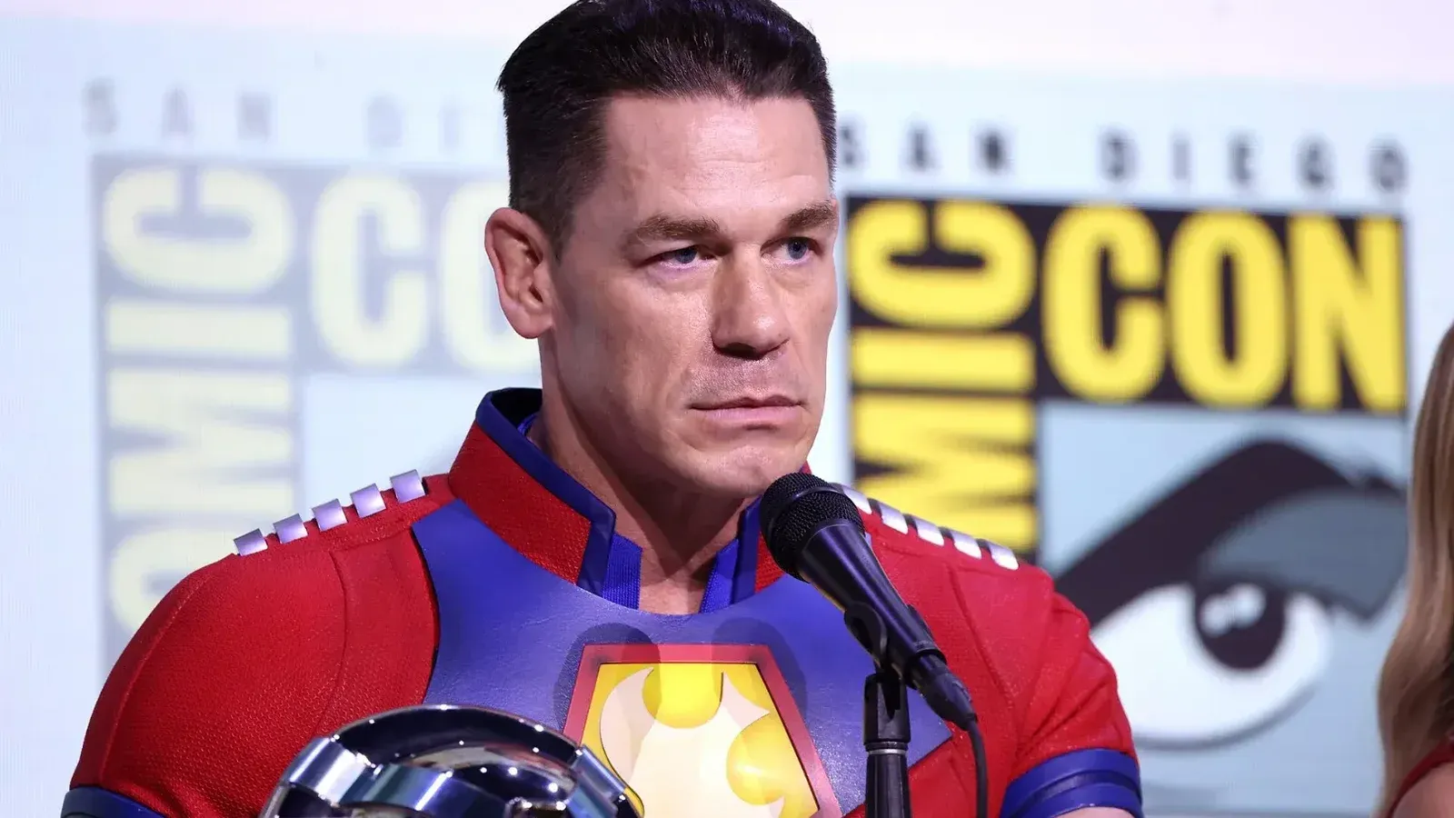 John Cena speaking at the 2025 San Diego Comic Con International, for "Peacemaker", at the San Diego Convention Center in San Diego, California.