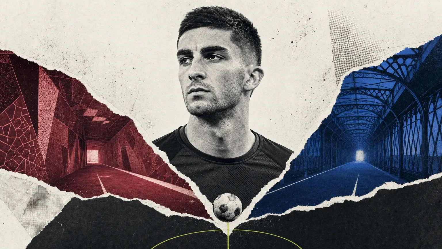 Retrato en blanco y negro de un futbolista sobre un collage de papel con dos túneles, uno granate y otro azul, y un balón en la bifurcación.