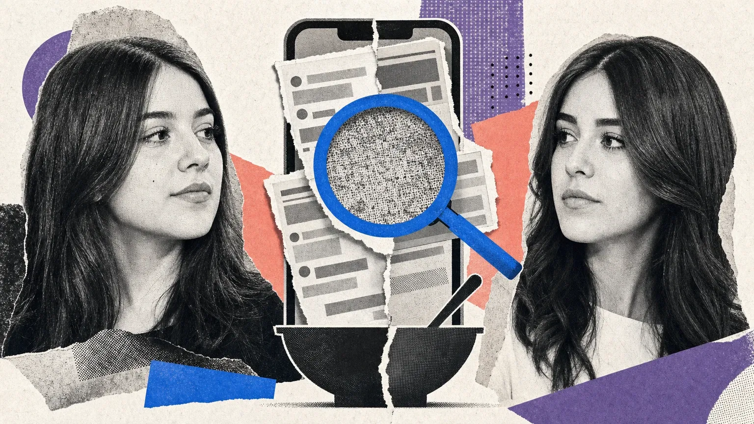 Dos retratos femeninos en blanco y negro flanquean un teléfono con papeles rasgados, una lupa azul y un cuenco partido.