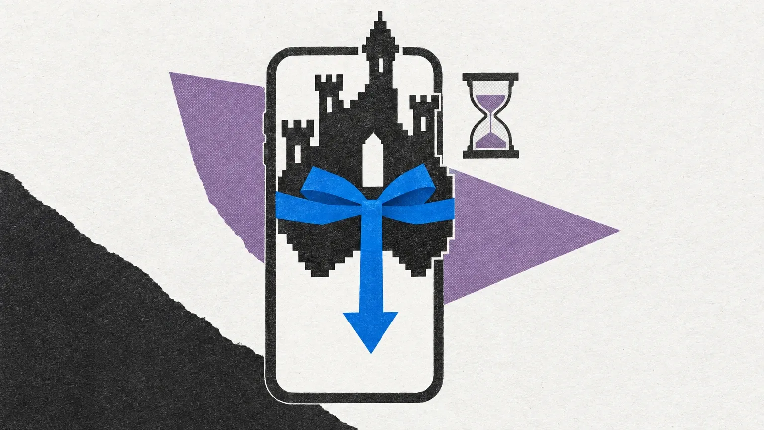 Un castillo negro pixelado aparece sobre el contorno de un teléfono, envuelto con una cinta azul que termina en flecha descendente, junto a un reloj de arena violeta.