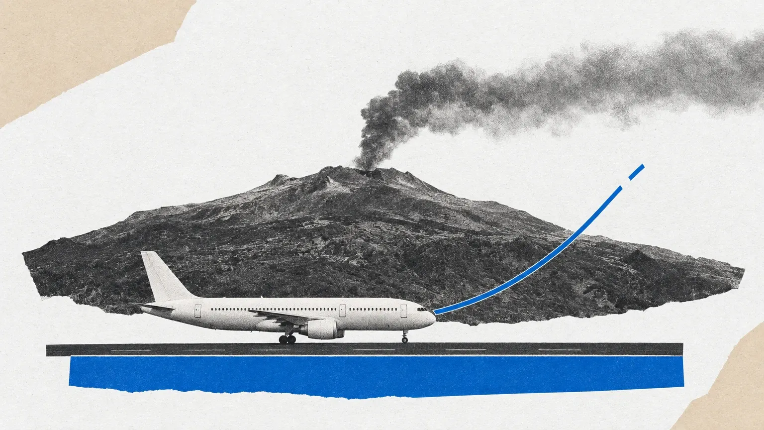 Collage de un volcán con una columna de ceniza, un avión sobre una pista y una línea azul ascendente interrumpida.
