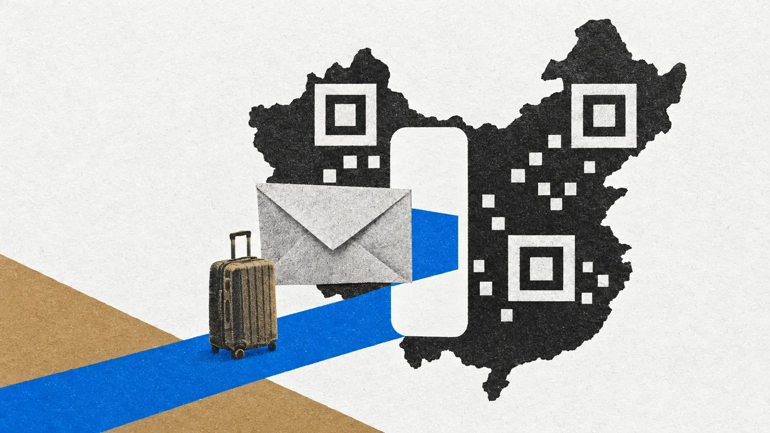 Un sobre y una maleta aparecen sobre una franja azul ante una silueta de China con cuadrados QR y una abertura vertical redondeada.