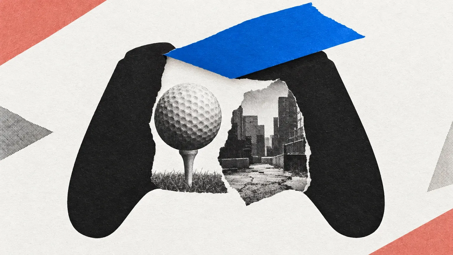 Collage de un mando oscuro con una pelota de golf y una calle urbana en su interior, bajo una solapa azul levantada.