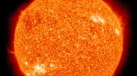 Detailed image of the sun showcasing its fiery surface and glowing edges.