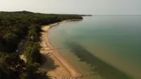 Aerial view of a serene beach and lush forest in Bliss, Michigan, showcasing the tranquil lake shore.