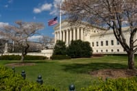 A view of a neoclassical government building with an American flag and cherry blossoms in Washington, DC.