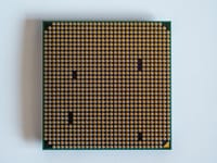 Detailed view of a computer processor, showcasing its pins, against a clean white backdrop.