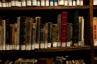 Old and rare books on wooden shelves in a São Paulo library, showcasing classic literature and history.