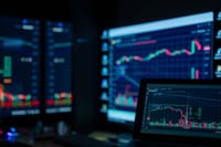 Monitors displaying stock market charts in a dimly lit room, perfect for finance and trading themes.