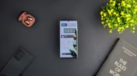 Top-down view of a smartphone, earbuds, book, and plant on a dark surface.