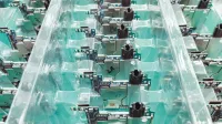 Detailed view of organized electronic circuit boards in a production setting.