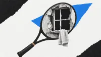 Collage de una raqueta cuyo aro contiene una ventana deteriorada con una toalla colgante, sobre papel claro con recortes negros y azules.
