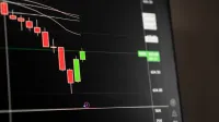 Candlestick chart showing a downward trend in the stock market analysis.
