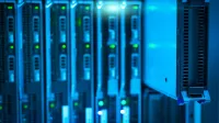 Detailed view of a server rack with a focus on technology and data storage.