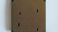 Detailed view of a computer processor, showcasing its pins, against a clean white backdrop.