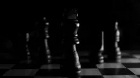Strategic close-up of chess pieces on a board, highlighting the queen in black and white.