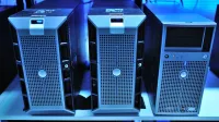 Close-up view of modern rack-mounted server units in a data center.