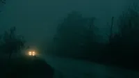 A car's headlights pierce through dense fog on a dark, eerie road at night.
