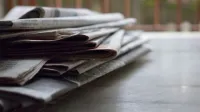 A close-up of a stack of newspapers resting on a desk, symbolizing information and media.