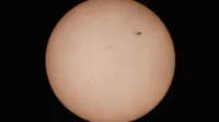 A detailed photograph of the sun highlighting visible sunspots against a dark background.