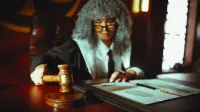 Juez femenina en un tribunal, centrándose en documentos legales con un mazo.