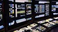 High-tech command center with advanced digital displays and control panels
