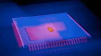 Blurred abstract image of a microchip with heatmap colors highlighting technological innovation.