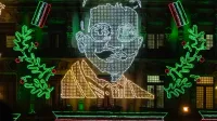 Illuminated LED display celebrating Mexico's Independence Day in Mexico City at night.
