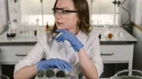 A female scientist wearing protective gear examines plant samples in a laboratory setting.