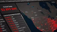 Digital monitor with World map and COVID 19 statistical data of global confirmed cases