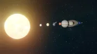 A visual representation of the solar system showing the sun and aligned planets.