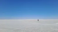 A lone traveler explores the expansive salt flats under a clear blue sky in South Australia.