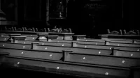 Una serena imagen en blanco y negro de los bancos de la iglesia con luz suave, evocando una atmósfera pacífica y contemplativa.