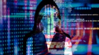 A woman with digital code projections on her face, representing technology and future concepts.