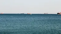 Una tranquila vista al mar con varios buques de carga en el horizonte bajo un cielo despejado.