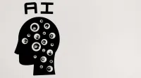 Abstract illustration of AI with silhouette head full of eyes, symbolizing observation and technology.