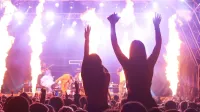 Lively concert crowd against a dazzling stage with fire effects, capturing the energy of live music.