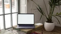 A minimalist indoor scene features a laptop, book, and potted plant on a wooden table by a window.