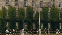 Rugby players practice on lush grounds of Trinity College Dublin.