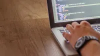 Close-up of a person coding on a laptop, showcasing web development and programming concepts.