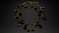 3D abstract geometric structure with gold lines and black polygons on a dark background.