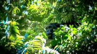 A chimpanzee peers through vibrant green foliage in a dense jungle setting. Perfect for wildlife themes.
