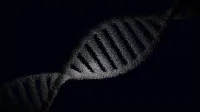Artistic rendering of a DNA strand with particle effects against a dark background.