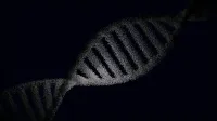 Artistic rendering of a DNA strand with particle effects against a dark background.