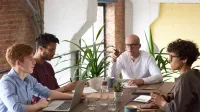 Business professionals collaborating in a modern office with laptops and plants on a wooden table.