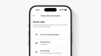 A partial phone screen shows house rules that allow up to 4 overnight guests and 2 pets—but no smoking