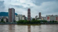 Tongtian Pagoda on Zhouxin Island at the confluence of the Zhen and Wu Rivers in Shaoguan, forming the source of the Bei River, a principal affluent of the Pearl River